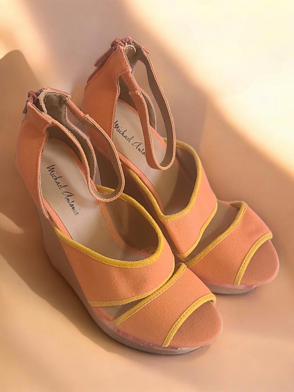 Michael Antonio Peach and Yellow Canvas Wedge Sandals
